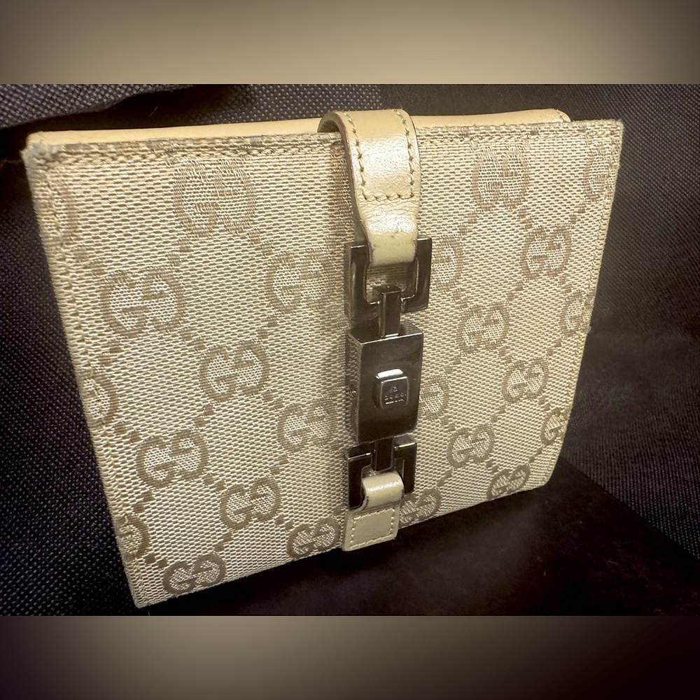 Gucci Monogram Wallet FULL SET Silver Chain Clasp Vintage GG Sabbia Sand color - Picture 2 of 14